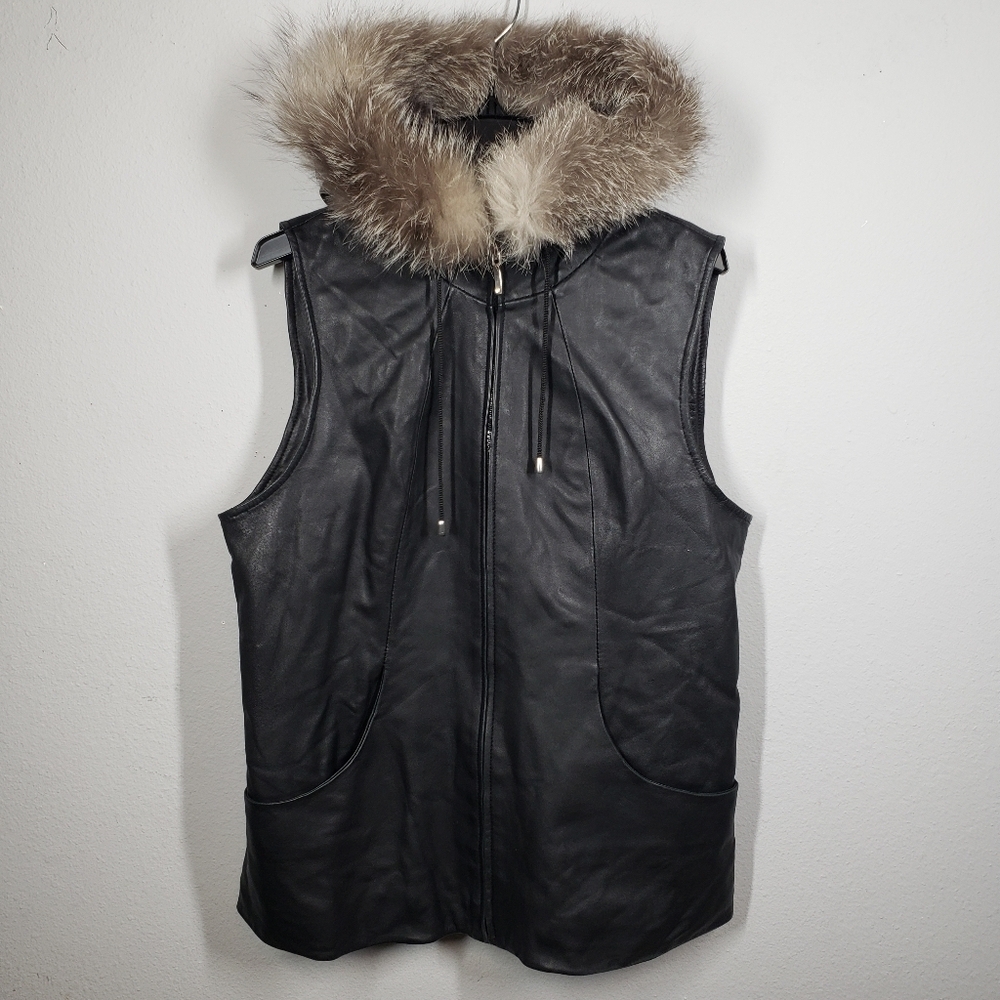 Damselle New York Leather Vest Black Faux Fur Trim Hooded Sleeveless Size Small